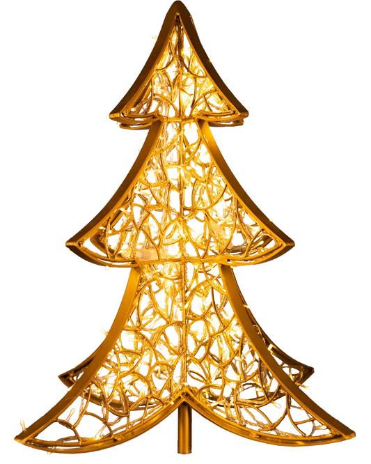 Stilisierter Weihnachtsbaum aus goldener Drahtstruktur mit integrierter Beleuchtung – modernes Lichtobjekt für festliche Inszenierungen.