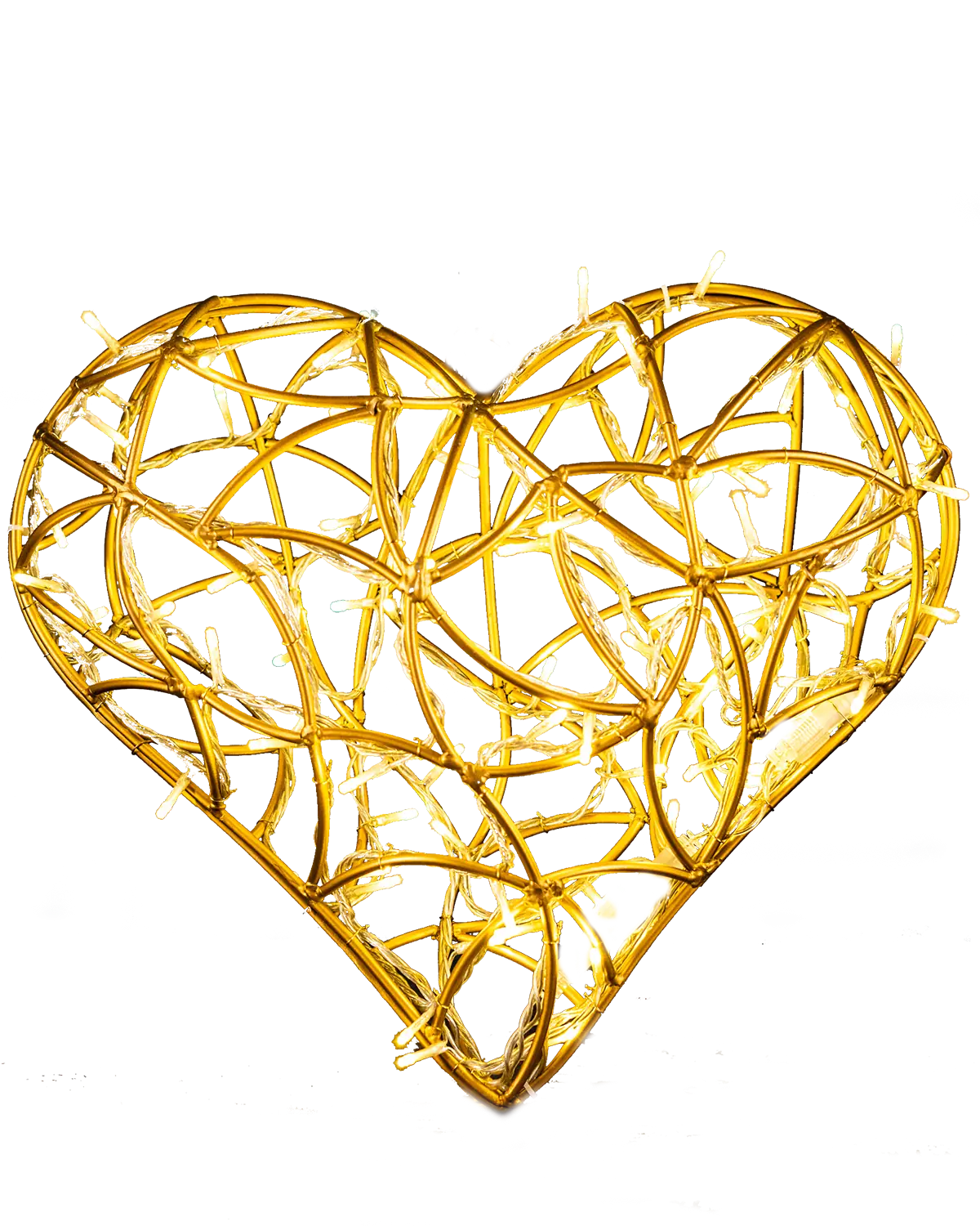 Leuchtende Herzform aus goldfarbenem Draht mit weißen Lichterketten auf transparentem Hintergrund.