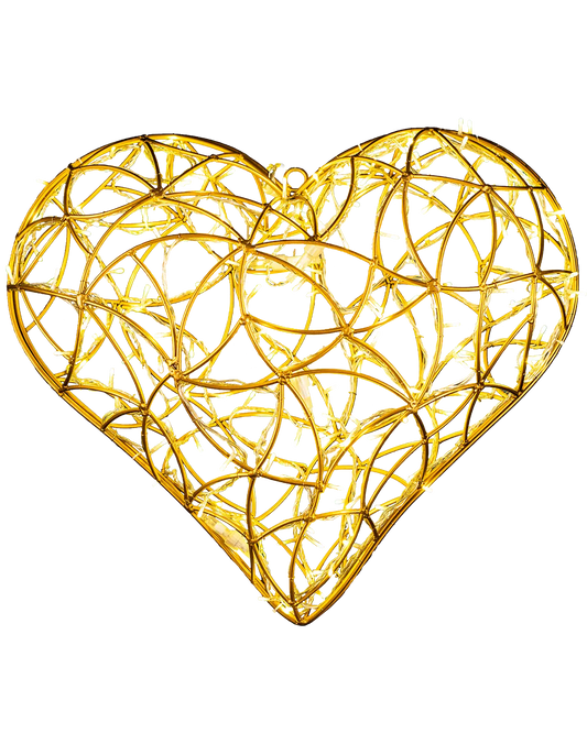 Goldenes, herzförmiges 3D-Drahtobjekt, dicht umwickelt mit warmweißen LED-Lichterketten, vor transparentem Hintergrund – ideal für Dekoration oder visuelle Inszenierung.