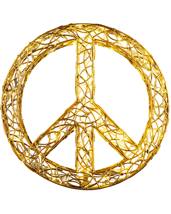 Goldenes Lichtobjekt in Form eines Peace-Zeichens – filigrane Aluminiumstruktur mit warmem Schein. / Illuminated peace symbol in gold – delicate aluminum structure with warm glow.