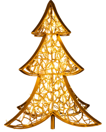 Stilisierter Weihnachtsbaum aus goldener Drahtstruktur mit integrierter Beleuchtung – modernes Lichtobjekt für festliche Inszenierungen.