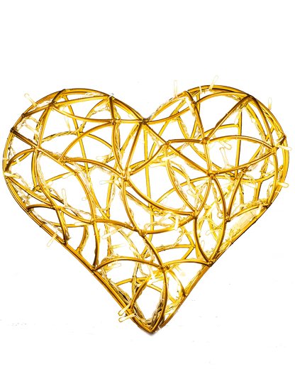 Leuchtende Herzform aus goldfarbenem Draht mit weißen Lichterketten auf transparentem Hintergrund.