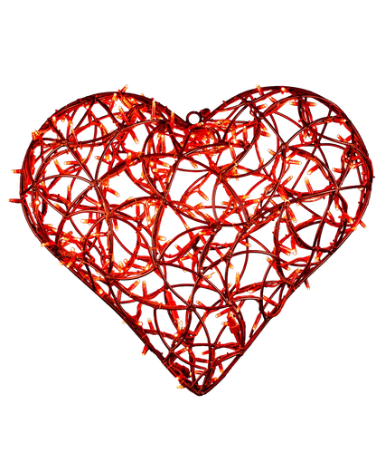 Leuchtendes, herzförmiges 3D-Dekoelement aus rotem Drahtgeflecht, durchzogen von rot-orange leuchtenden LED-Lämpchen, vor transparentem Hintergrund – symbolisiert Wärme, Liebe und Festlichkeit.