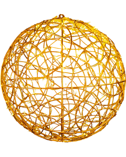 Freigestellte goldene Alganic-Lichtkugel aus Aluminiumdraht – skulpturales Dekoobjekt mit LED für Innen- und Außenbereiche.