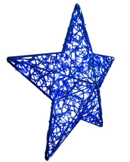 Leuchtende blaue Sternskulptur aus dekorativem Drahtgeflecht mit Lichterketten vor transparentem Hintergrund.
