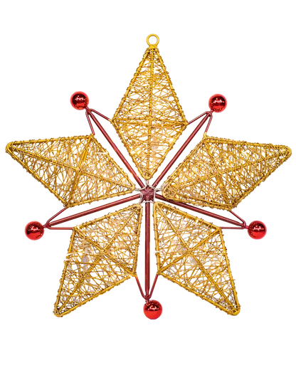 Dreidimensionaler Stern aus goldfarbenem Draht, verziert mit kleinen roten Weihnachtskugeln, freigestellt auf transparentem Hintergrund.