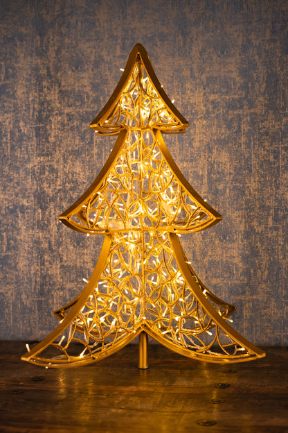 LED-Weihnachtsbaum aus goldfarbenem Aluminium, 90 cm – inszeniert vor Holzoptik für stilvolle Innenraumgestaltung